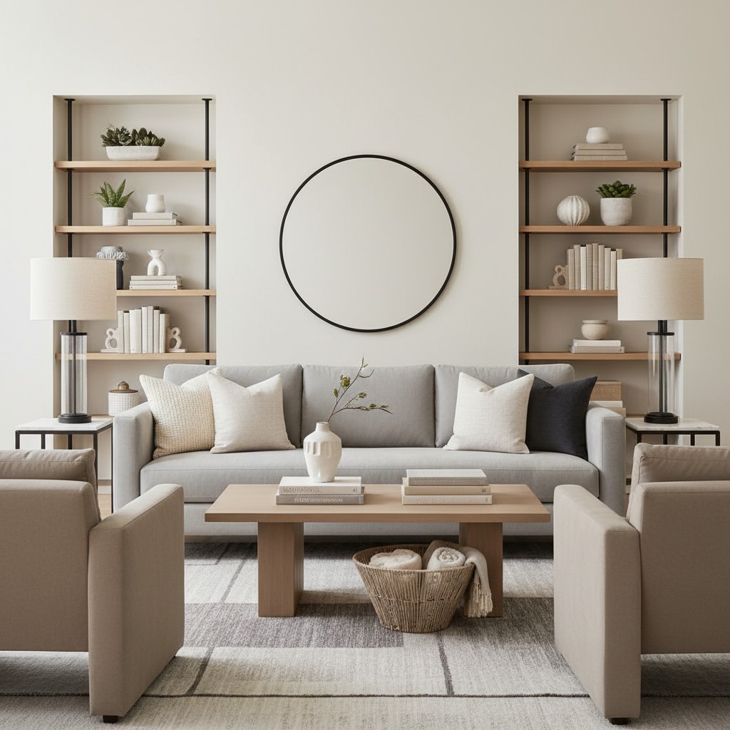 A light-filled living room with a gray couch, white and black accent pillows, wooden coffee table, beige armchairs, and tw...